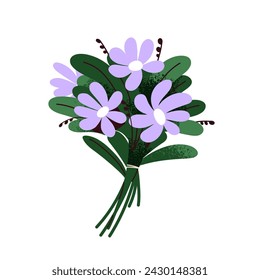 Flower bouquet. Spring floral bunch, bundle. Field blooms, blossomed summer wildflowers and leaf branches, cut meadow plants. Natural flat graphic vector illustration isolated on white background
