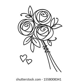 Flower Bouquet. Stylized Roses Outline Hand Drawing. Present For Wedding, Birthday