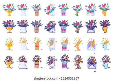 Flower bouquet symbols isolated stroked cartoon set. Bouquet in wrapping paper, vase, box, envelope, smartphone. Birthday, anniversary, Valentine's Day present. Florist shop. Different mind mood