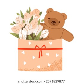 Flower bouquet and teddy bear in a gift bag with a bow. Valentine's day concept. Flat vector illustration.