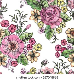 Flower bouquet tiled pattern. Floral watercolor seamless background.