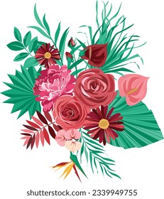 flower bouquet with tropical leaves and maroon flowers