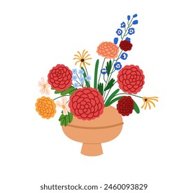 Ramo de flores en jarrón. Hermoso arreglo floral, flores de verano, delicado jardín y flores de campo. Diferentes flores silvestres se mezclan. Ilustración vectorial plana aislada sobre fondo blanco