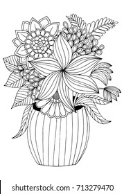 Flower bouquet  in the vase. Black and white drawing. Can use for print , coloring and card design