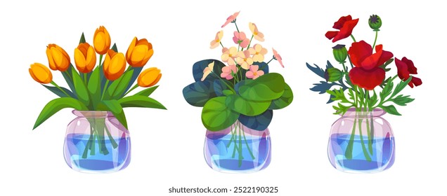 Buquê de flores em vaso. Um monte de planta de tulipa em conjunto de desenho animado garrafa de vidro. Decoração de flor bonito do jardim de primavera em jarro. Colorido florista loja selvagem florescendo coleção de presente no fundo branco