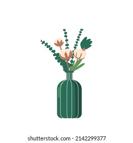 Flower Bouquet in Vase, Decorative Natural Elements, Cotton Buds, Stems with Green Leaves, Beautiful Present of Blossoms Isolated on White Background. Cartoon Vector Illustration, Icon, Clip Art