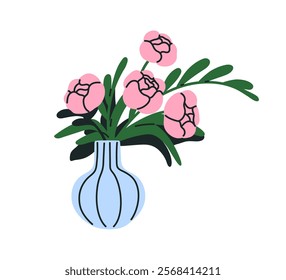 Flower bouquet in vase. Gorgeous peony blossoms with leaf branches. Elegant delicate floral decoration. Natural spring blooms with leaves. Flat vector illustration isolated on white background