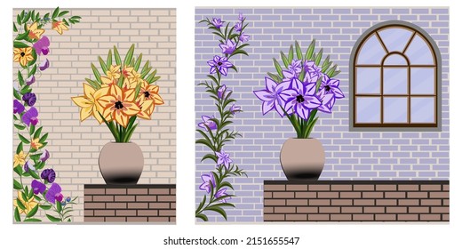 Flower bouquet in vase on brick wall background with clambering flowers and window. Vector illustration.