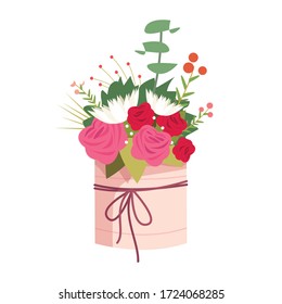 Flower bouquet in vase semi flat RGB color vector illustration. Floral present for valentine. Wedding centerpiece. Romantic floral gift for delivery isolated cartoon object on white background