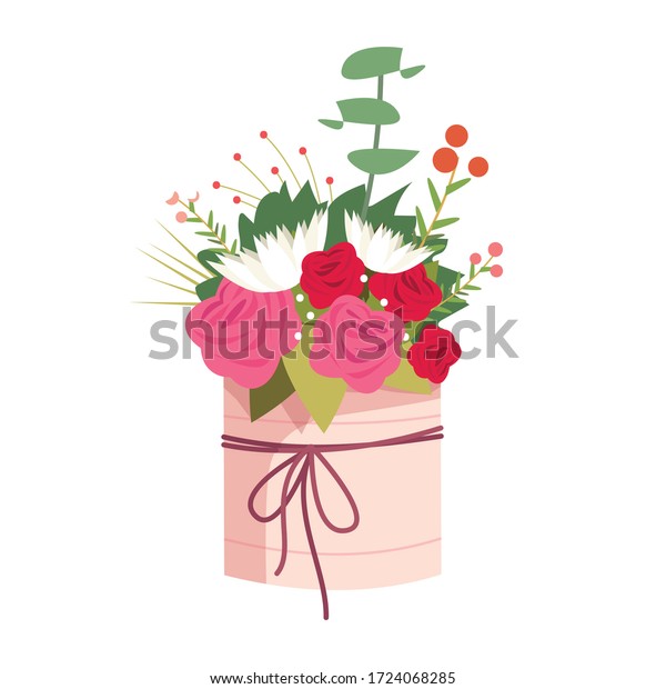 Flower bouquet in vase semi flat RGB color
vector illustration. Floral present for valentine. Wedding
centerpiece. Romantic floral gift for delivery isolated cartoon
object on white
background