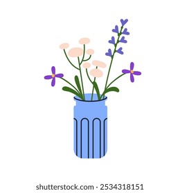 Flower bouquet in vase. Summer floral arrangement, simple blooming wildflowers, gentle field and meadow blossoms. Natural home decoration. Flat vector illustration isolated on white background