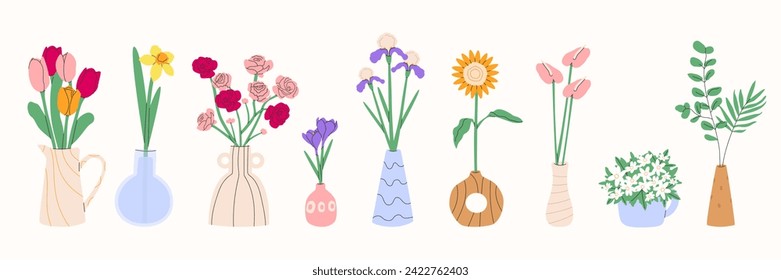 Ramo de flores en jarrón. Flores de primavera y verano, plantas para la decoración, hierbas aromáticas aisladas de fondo blanco. Decoración abstracta de macetas de cerámica. Ilustración del vector EPS 10