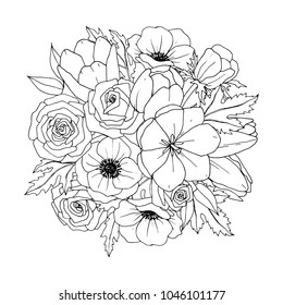 Flower  bouquet. Vector coloring book for adult – Flower bouquet. Coloring book page. Hand-drawn illustration for coloring. All elements are isolated and editable