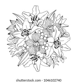 Flower  bouquet. Vector coloring book for adult – Flower bouquet. Coloring book page. Hand-drawn illustration for coloring. All elements are isolated and editable.