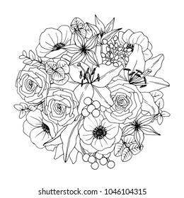 Flower  bouquet. Vector coloring book for adult – Flower bouquet. Coloring book page. Hand-drawn illustration for coloring. All elements are isolated and editable.