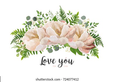 Flower Bouquet vector design element. Peach, pink rose peony, wax flowers eucalyptus, green fern leaf, berry herbs. Lovely floral card elegant template with text space. All elements isolated, editable