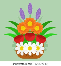 Flower bouquet vector with flat style. Daisy, rose, lavender flowers. 