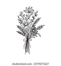 Flower bouquet vector. Hand drawn flower. Wildflower line art bouquets. Botanical vector illustration