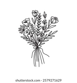 Flower bouquet vector. Hand drawn flower. Wildflower line art bouquets. Botanical vector illustration