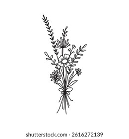 Flower bouquet vector. Hand drawn flower. Wildflower line art bouquets. Botanical vector illustration