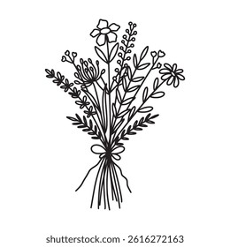 Flower bouquet vector. Hand drawn flower. Wildflower line art bouquets. Botanical vector illustration