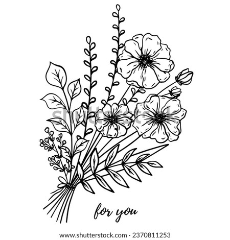 Flower bouquet vector. Hand drawn flower. Wildflower line art bouquets, wild plant, botanical vector illustration