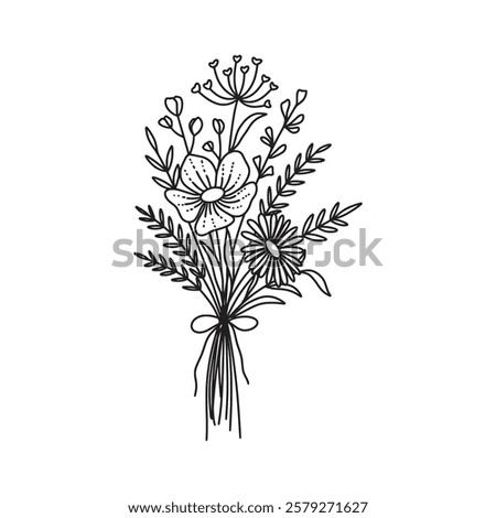 Flower bouquet vector. Hand drawn flower. Wildflower line art bouquets. Botanical vector illustration