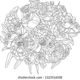 Flower bouquet. Vector illustration in black and white. Coloring paper, page, book