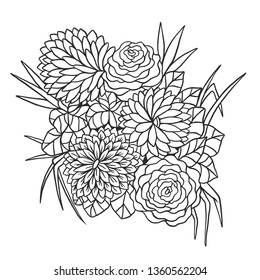 Flower bouquet vector illustration. Colorful composition of hand drawn flowers on a white background.