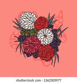 Flower bouquet vector illustration. Colorful composition of hand drawn flowers on a pink background.
