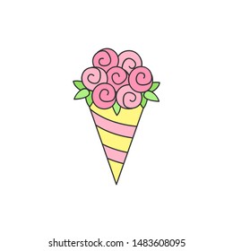 Flower bouquet vector illustration. Paper cone, bouquet of roses with leaves. Hand drawn isolated, outlined icon, sticker.