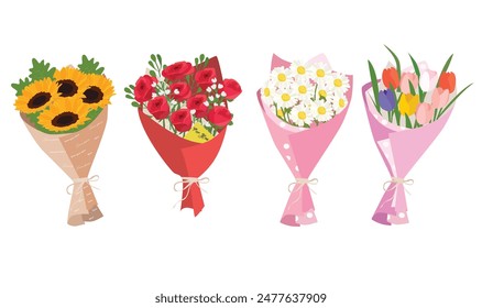 Blumenstrauß Vektorgrafik Set. Blumen-Clipart. Strauß Sonnenblume, Rose, Gänseblümchen, Tulpe. Geschenk, Geschenk für besondere Tage. Flache Vektorgrafik im Cartoon-Stil isoliert auf weißem Hintergrund.