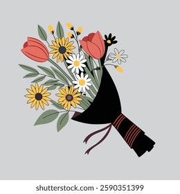 Flower bouquet vector set. Flower clipart. Bouquet of sunflower, rose, daisy, tulip. Gift, present for special days. Flat vector in cartoon style isolated on white background.