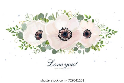 Flower Bouquet vector watercolor design element. Peach, pink white rose Anemone flower, wax, eucalyptus, green fern leaf, berry mix. Greeting lovely floral delicate elegant lovely card with copy space