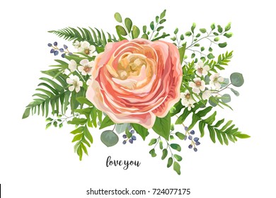 Flower Bouquet vector watercolor element. Peach, pink rose Ranunculus, wax flowers eucalyptus, green fern leaf, berry mix. Greeting, lovely floral elegant invite card. All elements isolated & editable