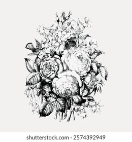 Flower bouquet vintage illustration, isolated vector element. Black and white floral vector. Vintage botanical flower art drawing illustration, old painting art print of flower in black and white.