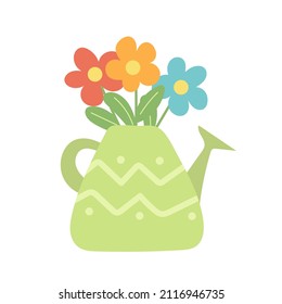 Flower bouquet in the watering can. Cute springtime flat hand drawn cartoon style vector illustration isolated on white background.