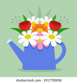Flower bouquet in watering can with flat style