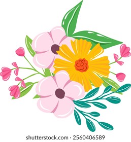 Flower bouquet wedding ornament vector illustration with leaves on transparent background