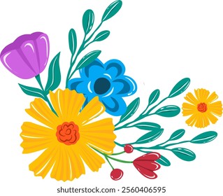 Flower bouquet wedding ornament vector illustration with leaves on transparent background