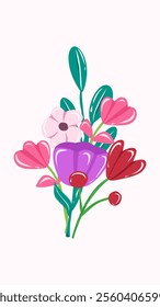 Flower bouquet wedding ornament vector illustration with leaves in cartoon style.