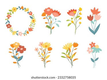 Flower bouquet. Wild flowers decoration flat illustration.