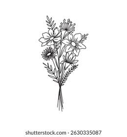 Flower bouquet. Wildflower bouquet vector.. Hand drawn flower, wild plant, botanical vector illustration