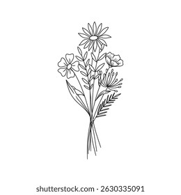 Flower bouquet. Wildflower bouquet vector.. Hand drawn flower, wild plant, botanical vector illustration