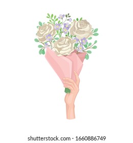 Flower Bouquet Wrapped in Brown Paper Kept by Hand Vector Illustration