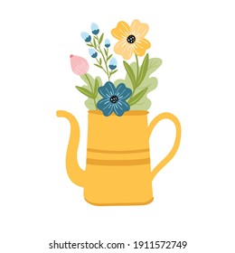 Flower bouquet in the yellow watering can. Cute springtime flat hand drawn cartoon style vector illustration isolated on white background. 
