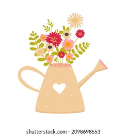 Blumenstrauß in der gelben Tränkdose. Cute flache, handgezeichnet gezeichnete Vektorgrafik einzeln auf weißem Hintergrund. Valentinstag, Vektorgrafik für Design.