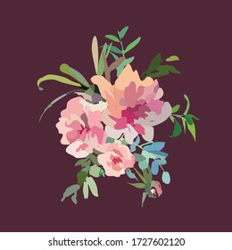 Flower bouquet.A bouquet of peonies and garden flowers.Summer flower peonies greeting card, flower decoration bouquet.Wild flowers and peonies, vector illustration.