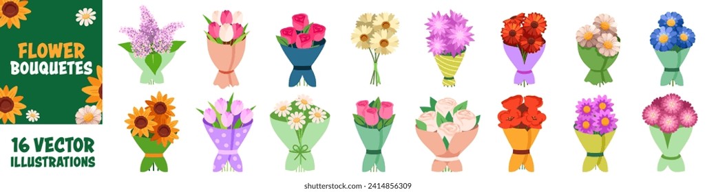 Flower bouquetes icon set. Flat style.