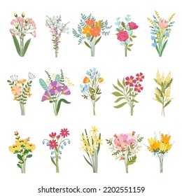 Flower bouquets. Blooming garden and wild plants in beautiful bouquet, blossom bunch and botanical gift vector set of floral botanical plant illustration